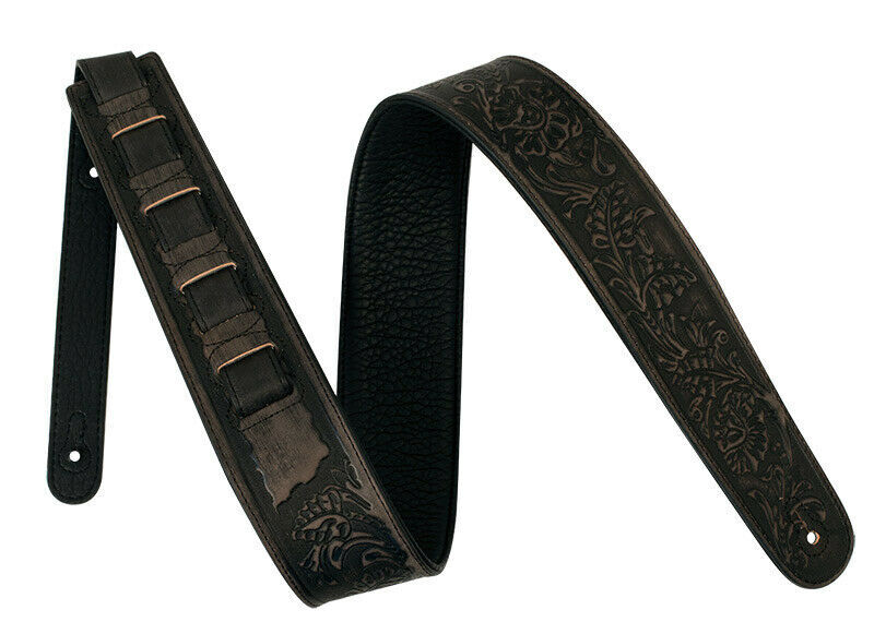 Guitar Strap XTR 2.5 Inch Floral Western Embossed Leather Black & Grey