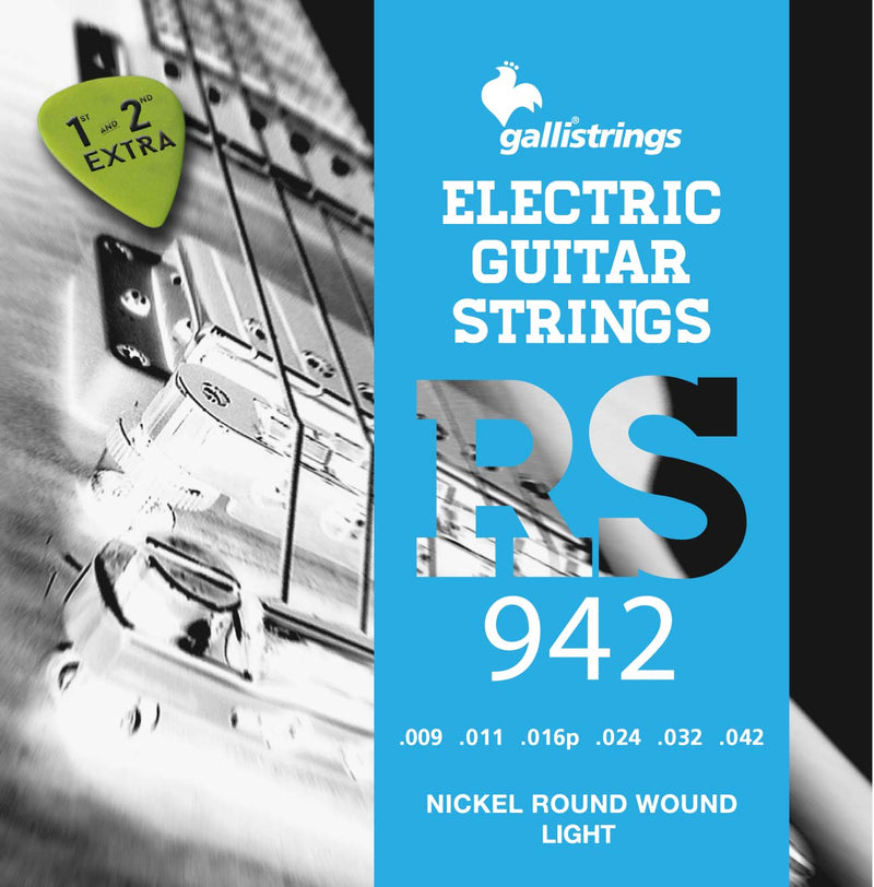 GALLI RS NICKEL 9-42 ELECTRIC GUITAR STRING Set Free Pick & Extra B & E Strings